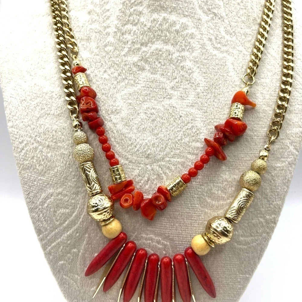Fire Beads with Tribal Flare Layered Chain Necklace Red stone and long Gold bead